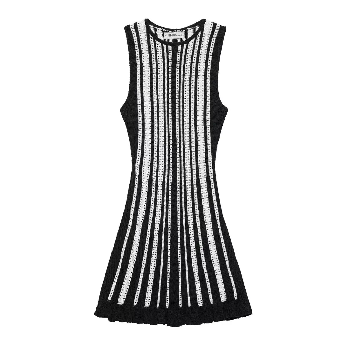 Full front flat view of a black and white striped knit mini dress, displaying the vertical stripes, round neckline, and ruffled hem.