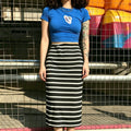 Front model shot black and white horizontal stripe fitted midi pencil skirt
