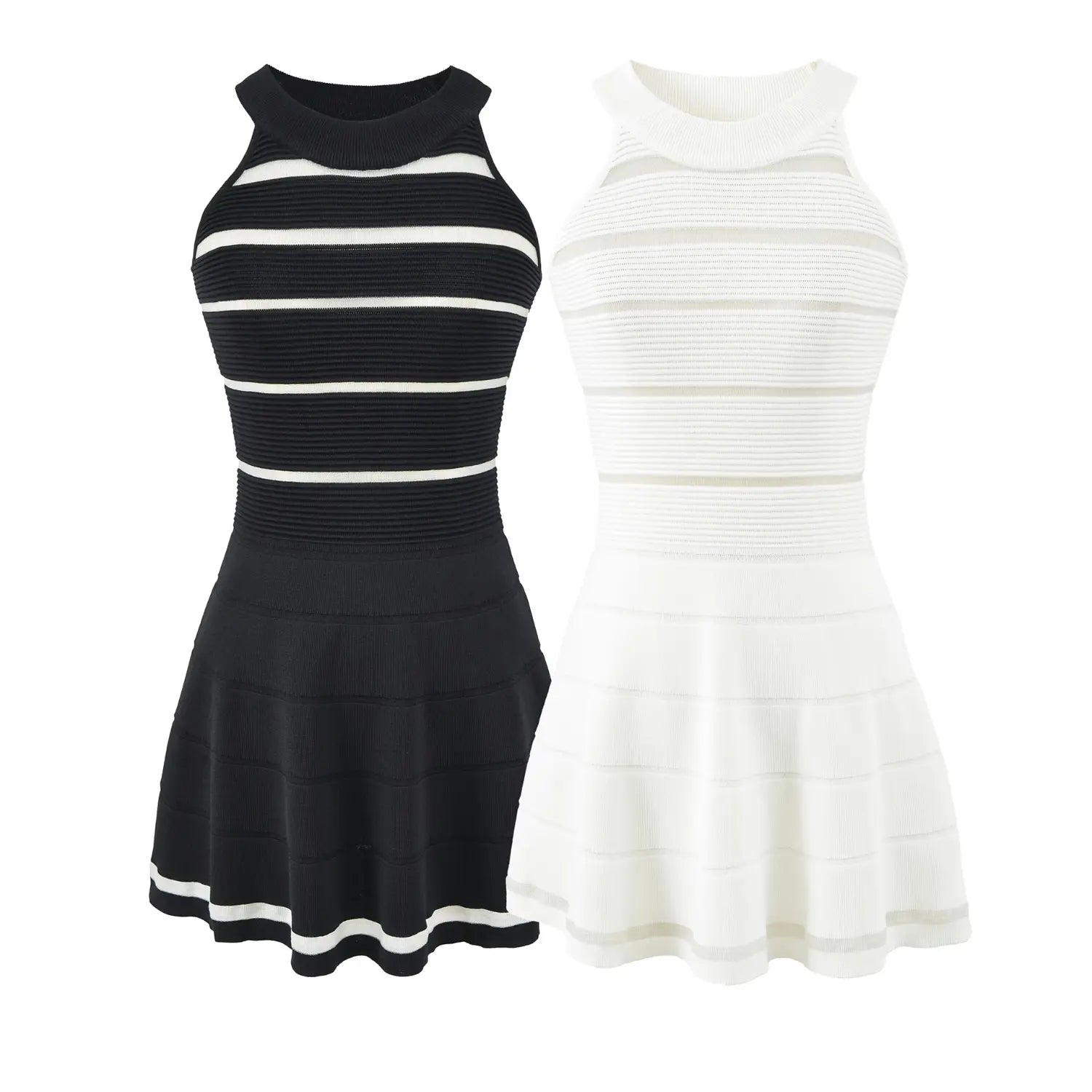 Black & white striped halter knit mini dress white flat combo shot, high halter neck segmented sheer stripes waist-cinched A-line hem two color hero shot
