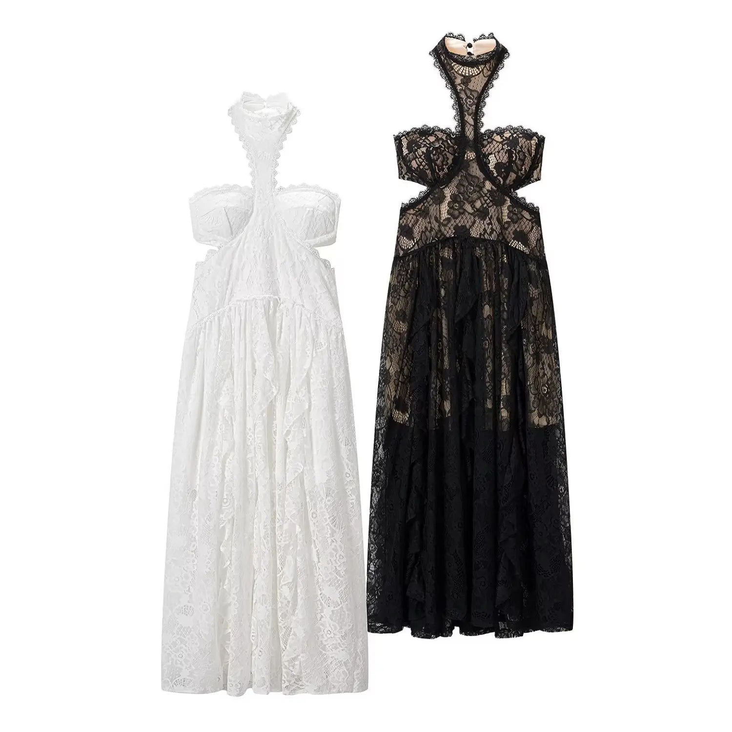 Black & white two tone halter cutout floral lace maxi dress side by side white flat lay, halter button bust hollow waist cutout ruffle flowy skirt coquette resort long gown main hero shot