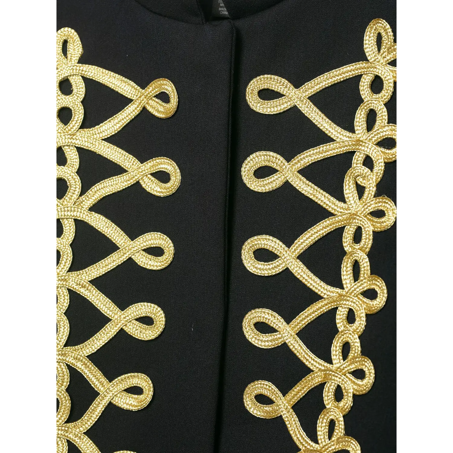 Extreme close‑up front placket gold braid embroidery on black cropped blazer