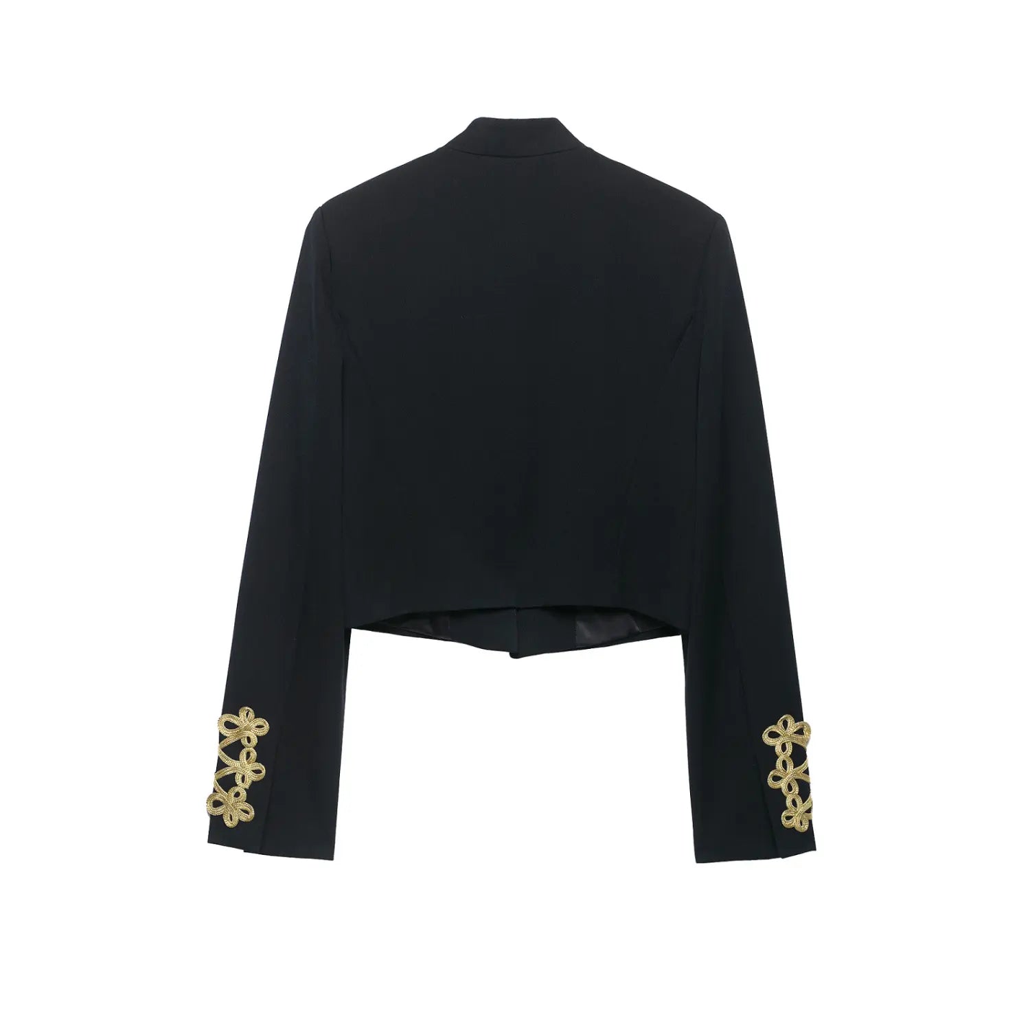 Back view black cropped military blazer with gold braid embroidery