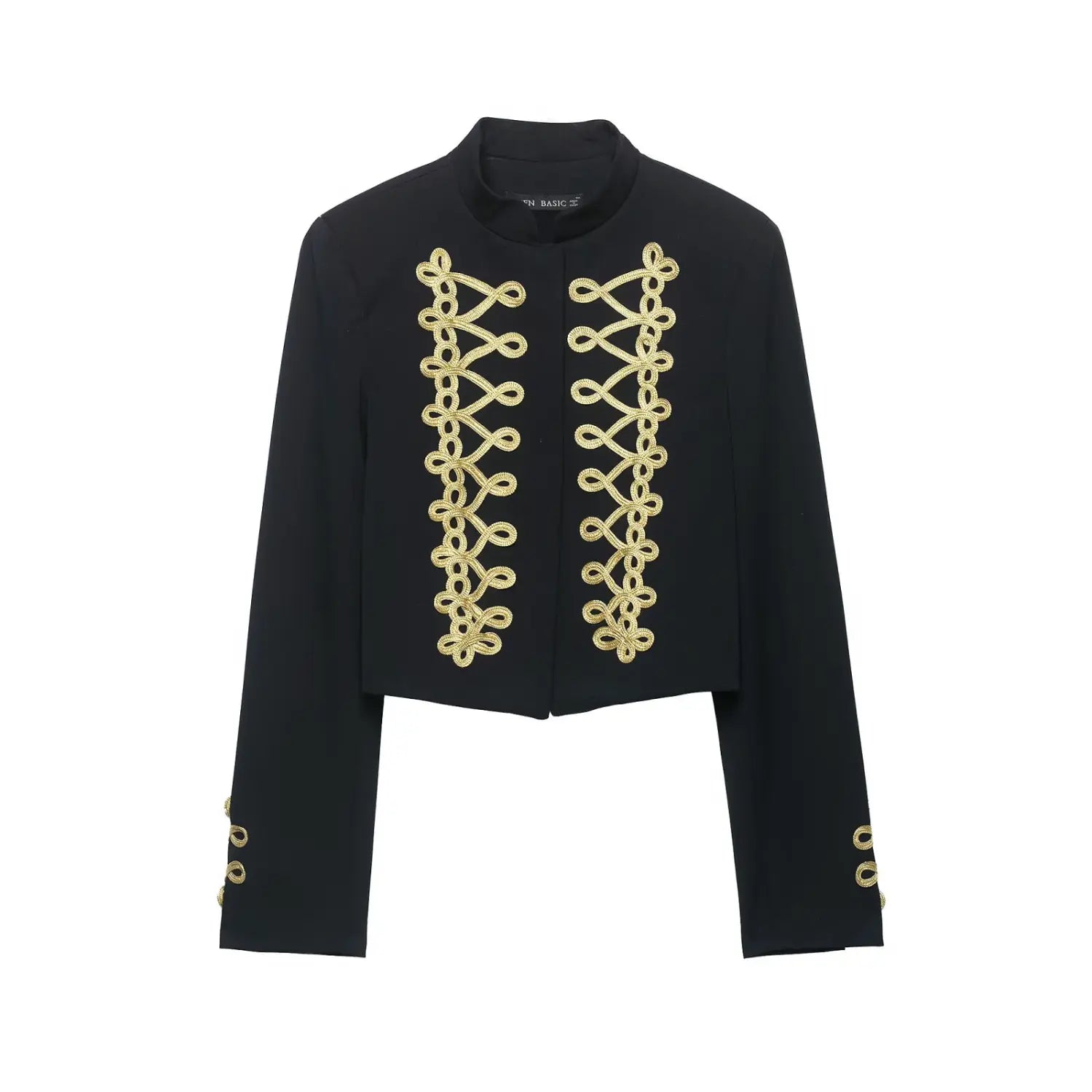Front view black cropped military blazer with gold braid embroidery
