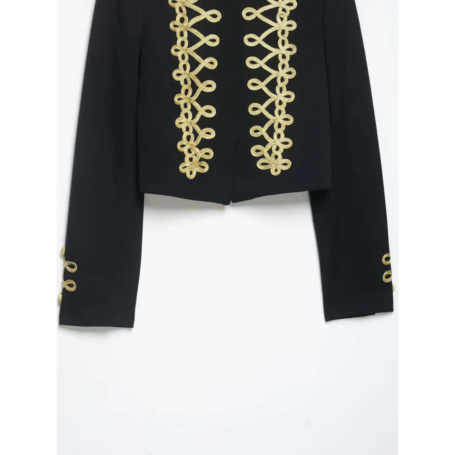 Full front hem shot black cropped military blazer gold braid embroidery
