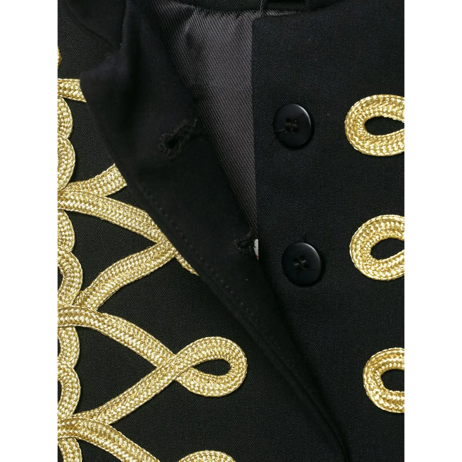 Close‑up of inner button and lining detail on black cropped military blazer