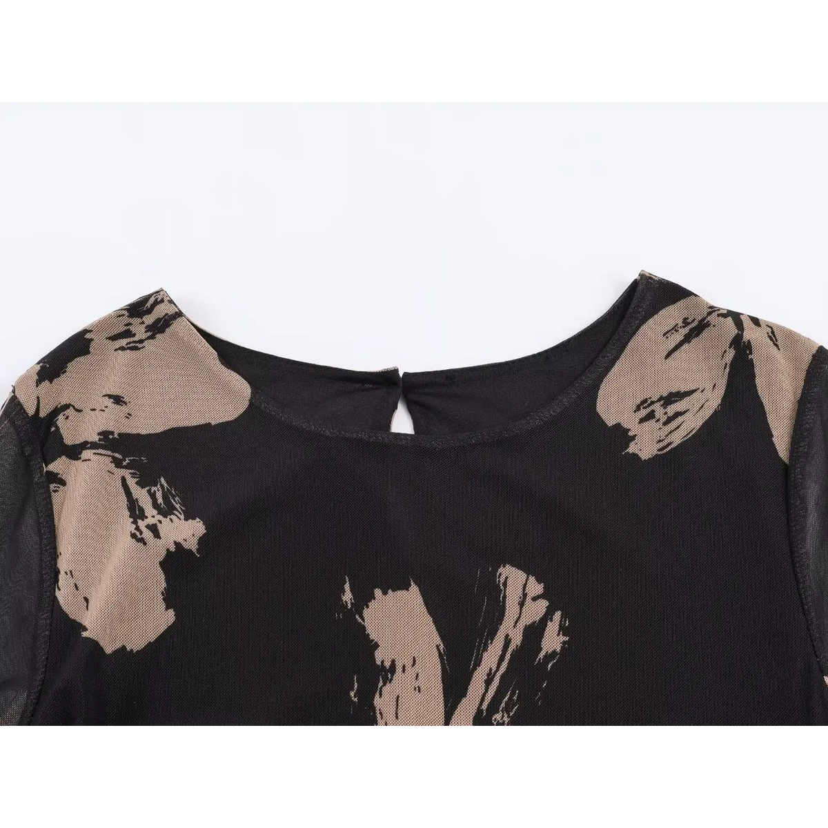 Close‑up round neckline and back keyhole detail of black floral mesh dress