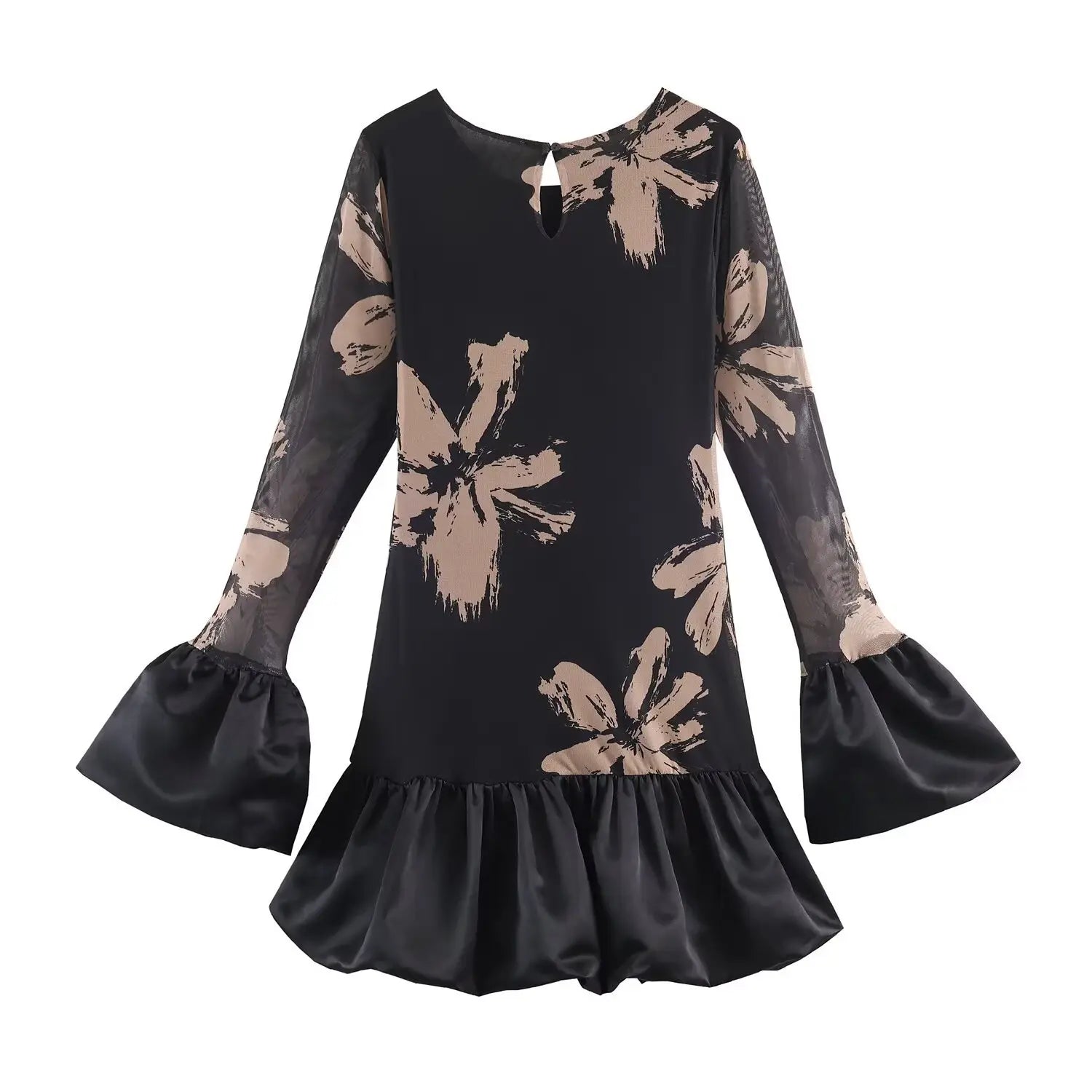 Back view black floral print mesh mini dress,back keyhole cutout detail