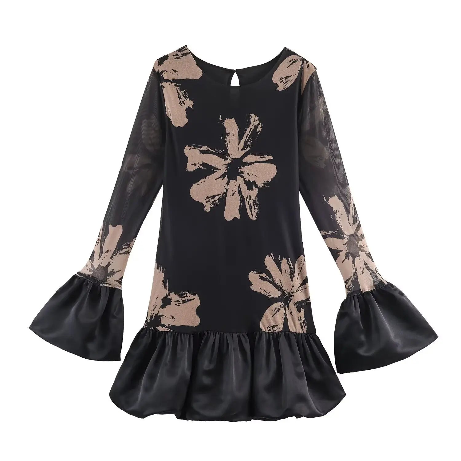 Front view black floral mesh mini dress,long flared bell sleeve with ruffle hem