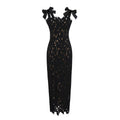 Front view of black lace bodycon maxi dress with satin bow shoulder straps