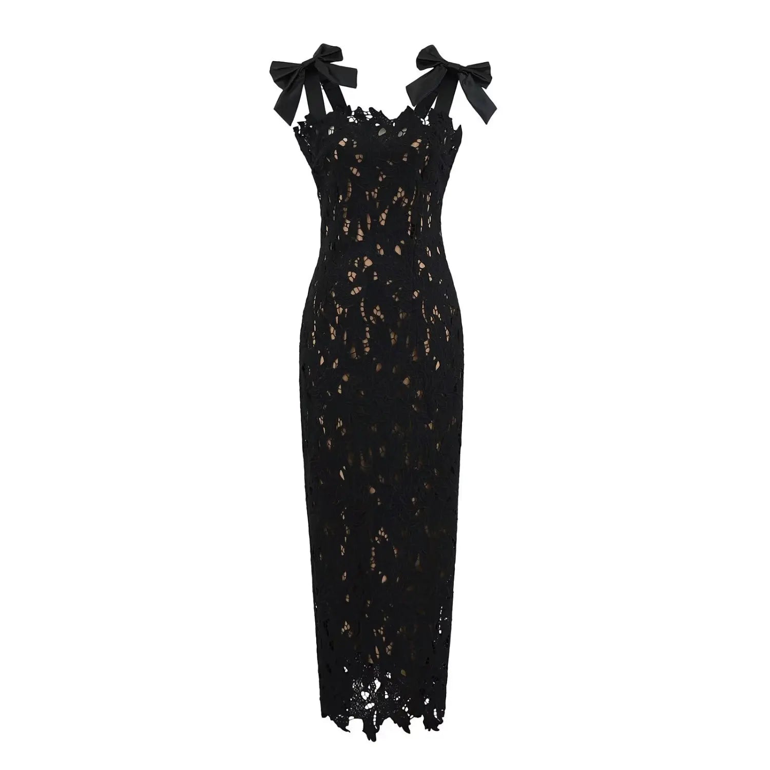 Front view of black lace bodycon maxi dress with satin bow shoulder straps