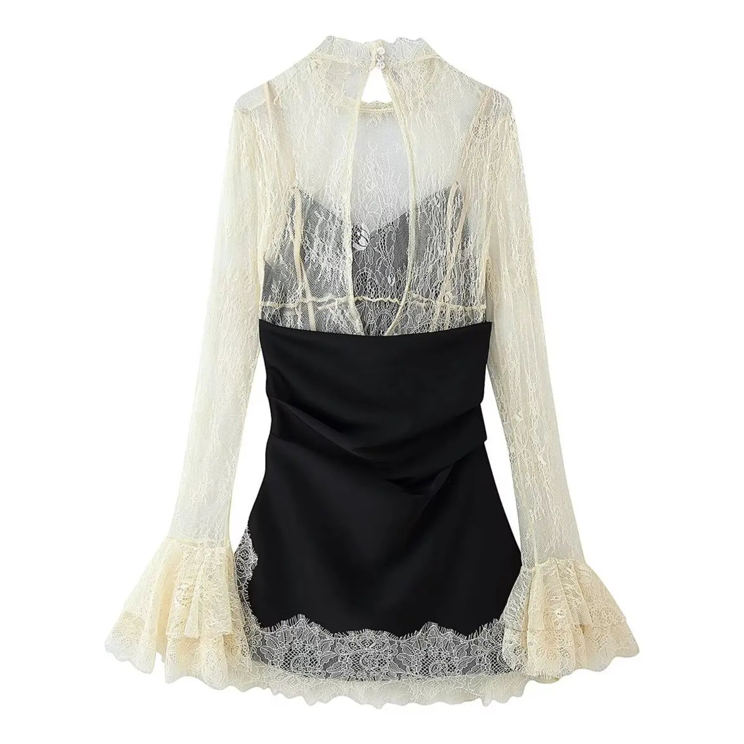 Back flat view black mini dress with cream floral lace overlay, keyhole button closure at neck, spaghetti slip inner dress, lace bell sleeves