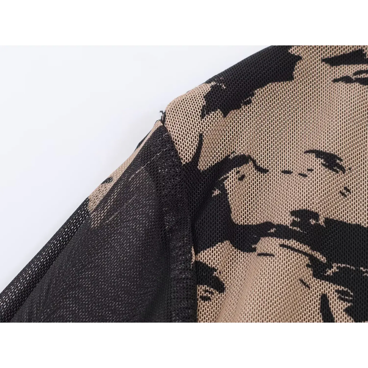 Macro view mesh fabric texture and stitching detail of floral mini dress