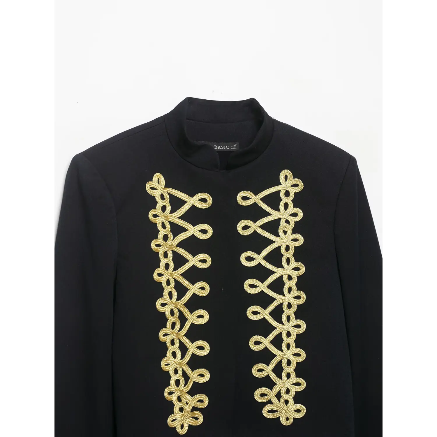 Collar and front gold braid embroidery close‑up of black cropped blazer