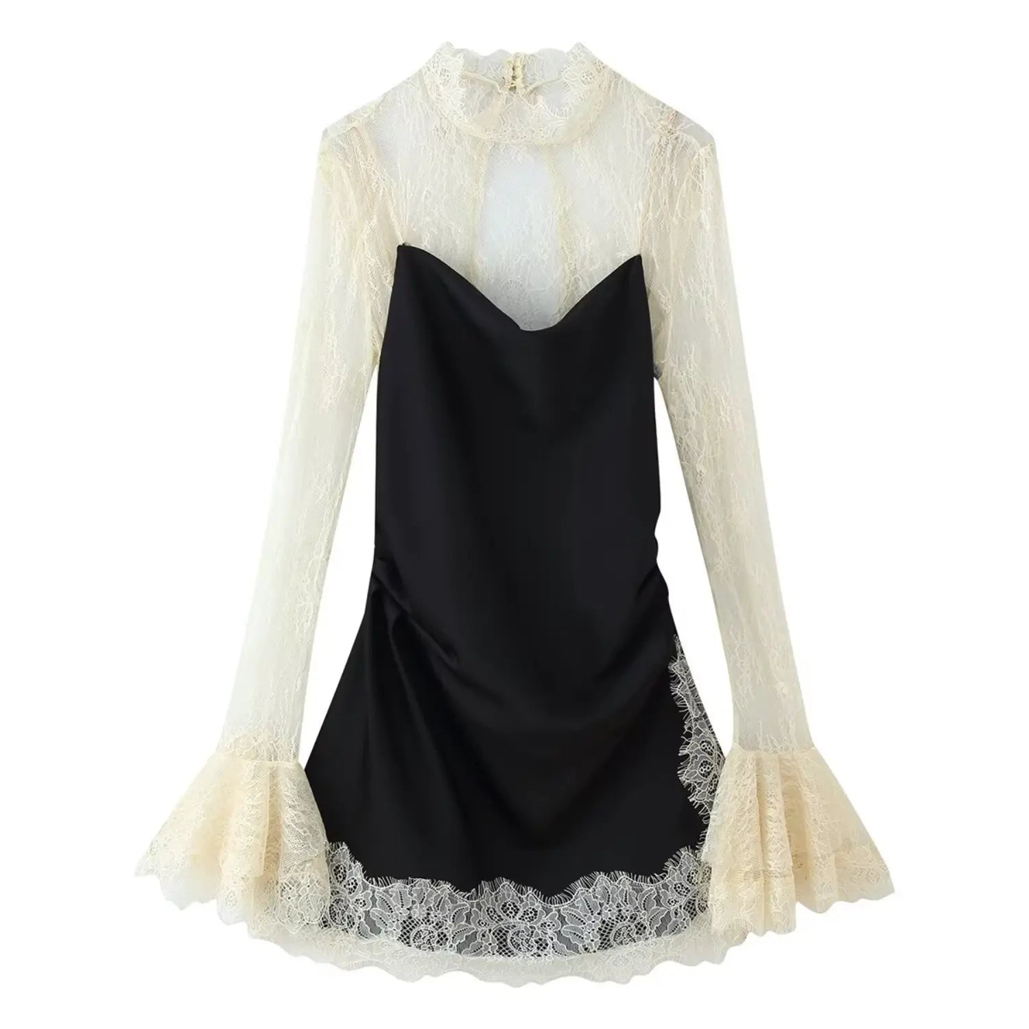 Front flat lay of black satin mini dress with cream lace mock neck bell long sleeve overlay, ruched skirt, scalloped lace hem