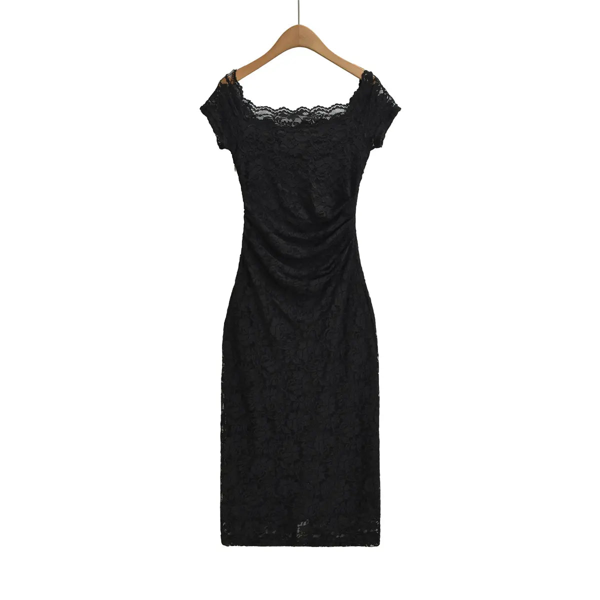 Black off‑shoulder lace maxi dress hanging on wooden hanger
