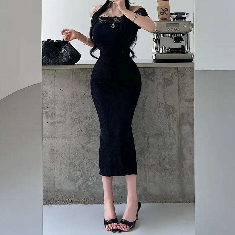 Model wearing black off‑shoulder lace maxi bodycon dress
