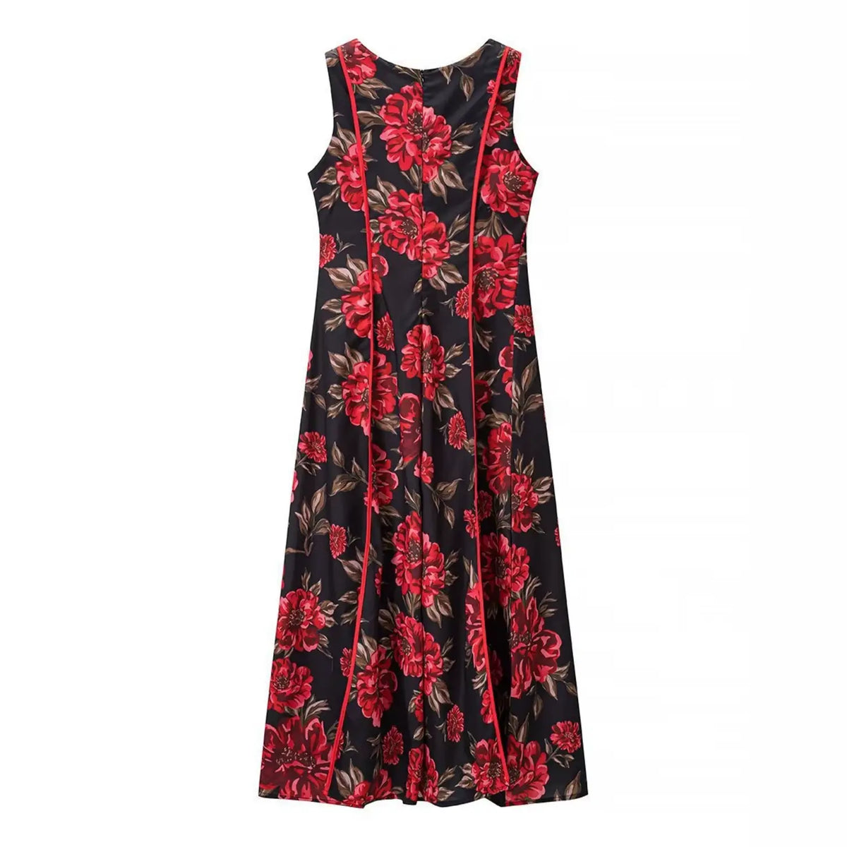 Full flat back view of black red floral sleeveless maxi dress