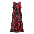 Flat lay front view of black red floral square neck sleeveless maxi dress with red piping