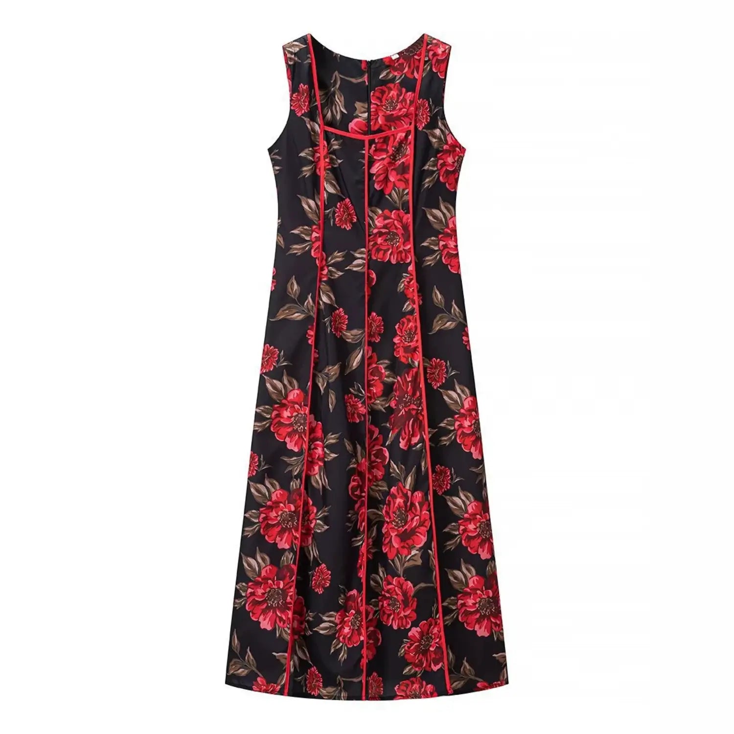 Flat lay front view of black red floral square neck sleeveless maxi dress with red piping
