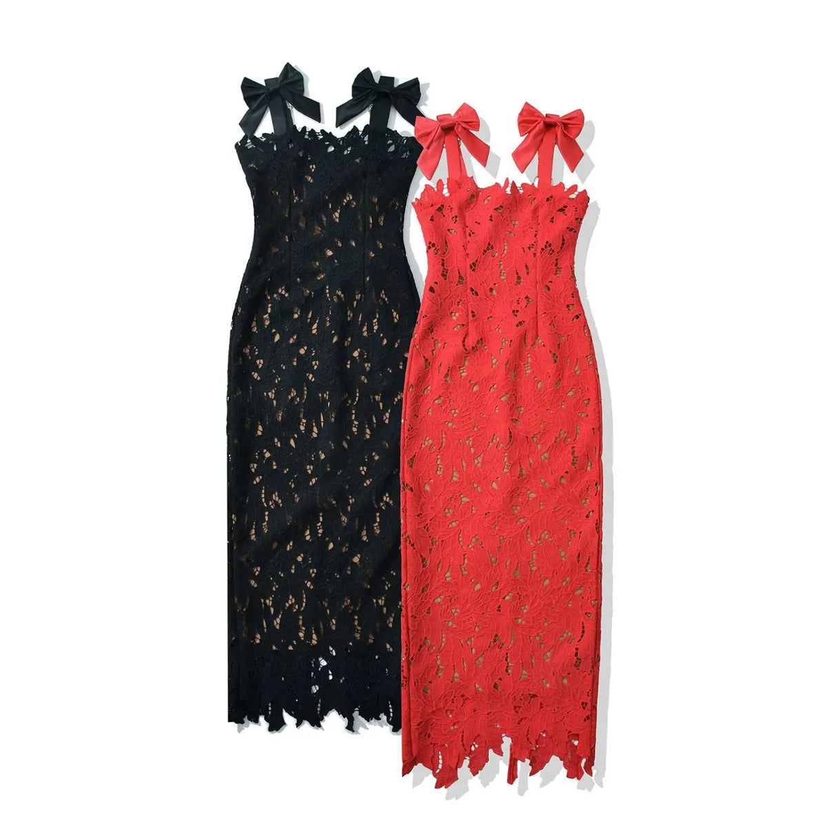 Color comparison shot of black and red lace bow‑strap bodycon maxi dresses