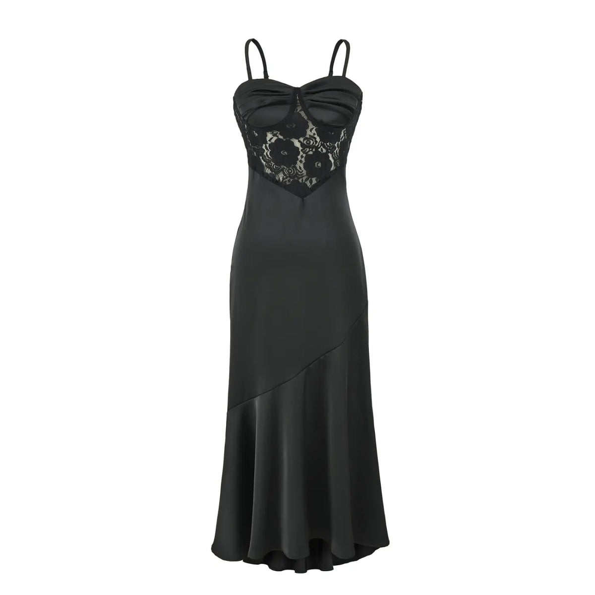 Front full view of black satin lace camisole maxi dress with asymmetrical ruffle hem