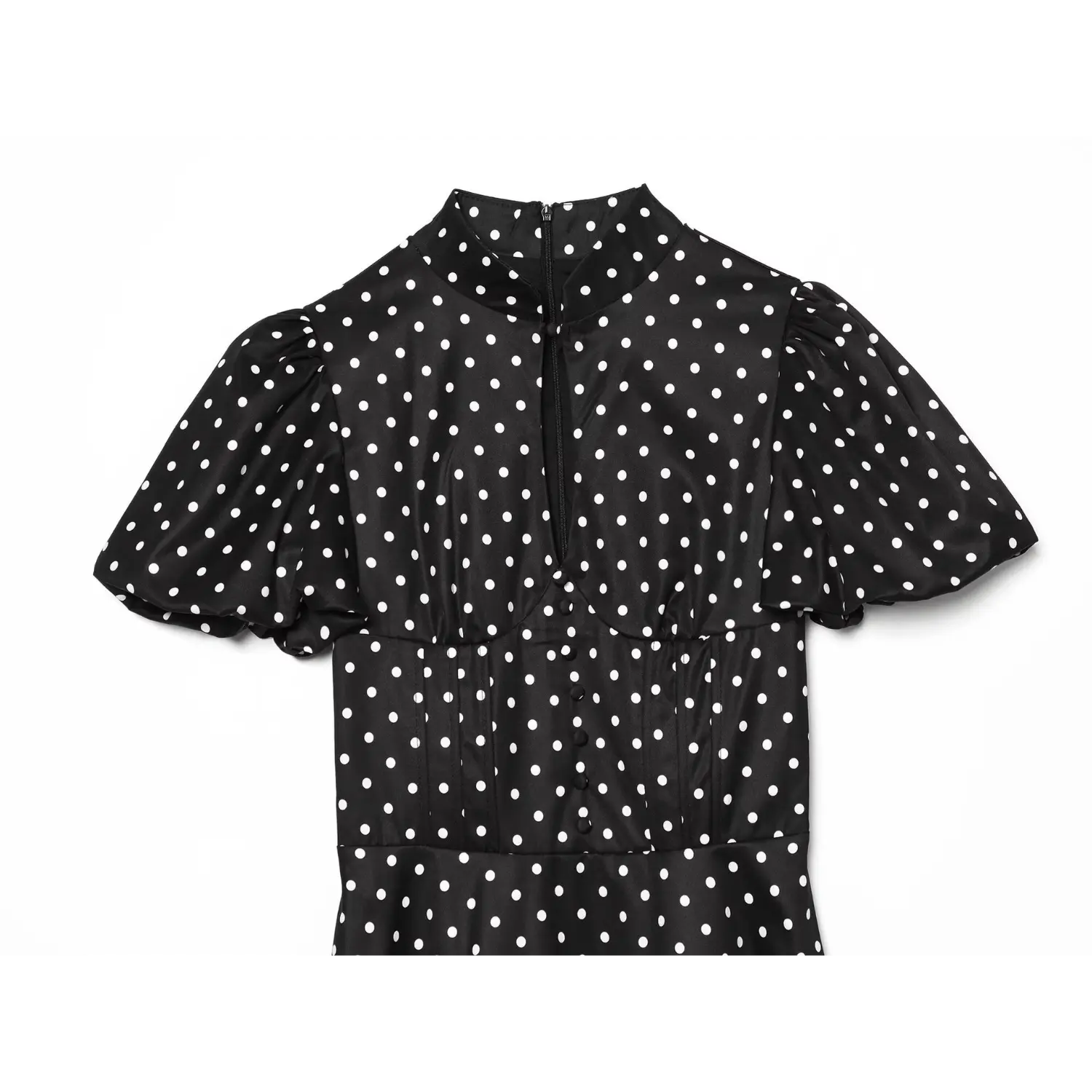 Black white polka dot dress front view,stand collar,puff short sleeve,faux front buttons