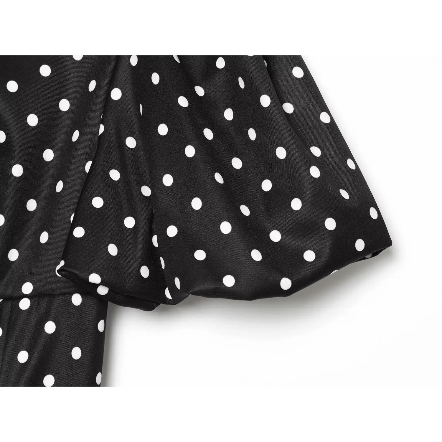 Black white polka dot dress puff short sleeve close‑up,soft gathered sleeve fabric