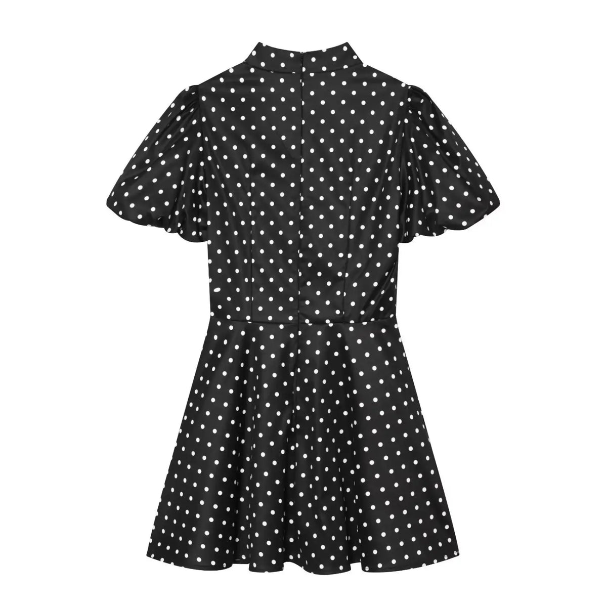 Black white polka dot mini dress back view,concealed back zipper,puff short sleeve,flared mini a‑line skirt