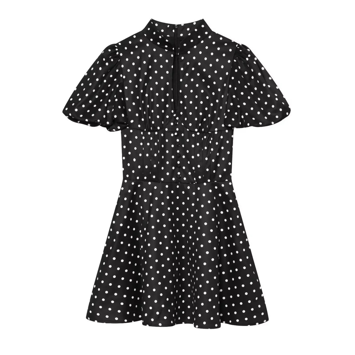 Black white polka dot mini dress front view,puff short sleeve,stand collar,keyhole neck,front faux buttons,fit‑flare cut