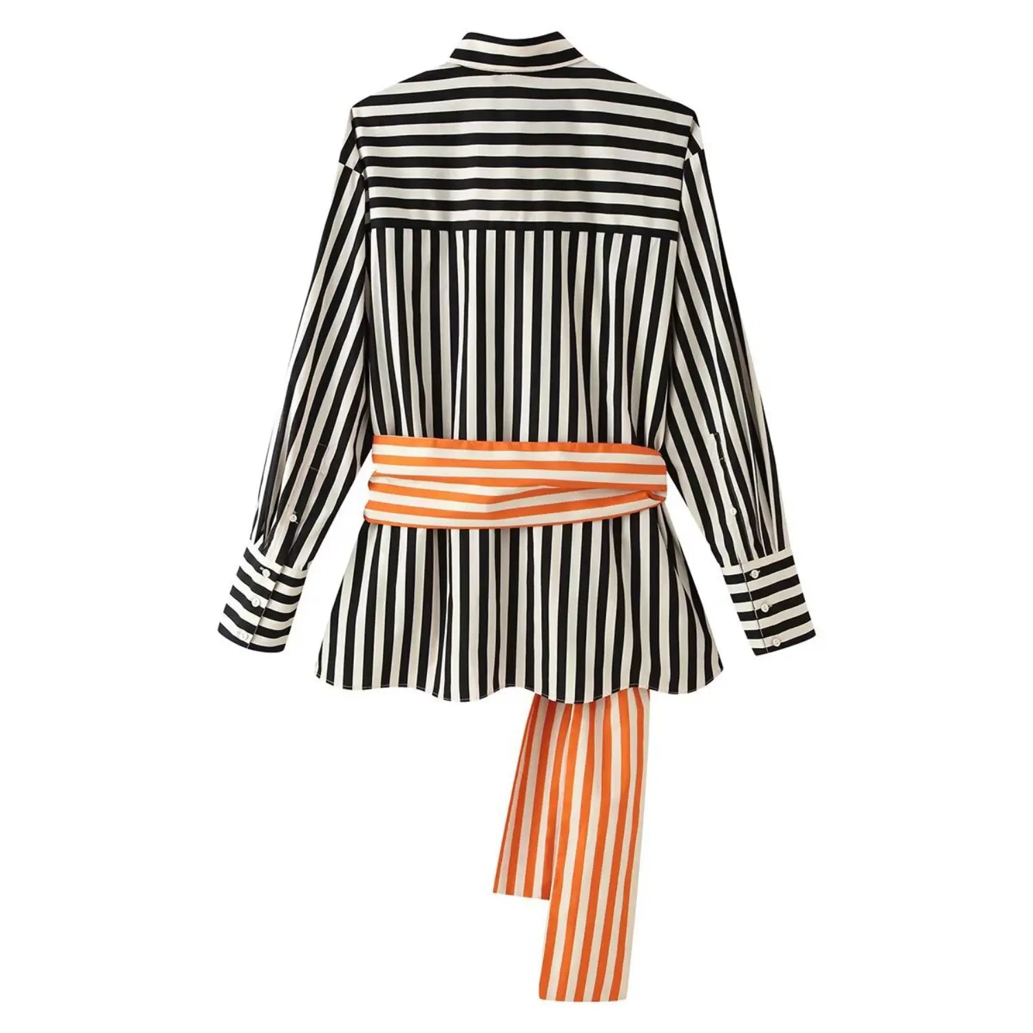 Flat lay back view black and white striped long sleeve shirt, contrast orange white striped wrap sash belt, back yoke panel detail