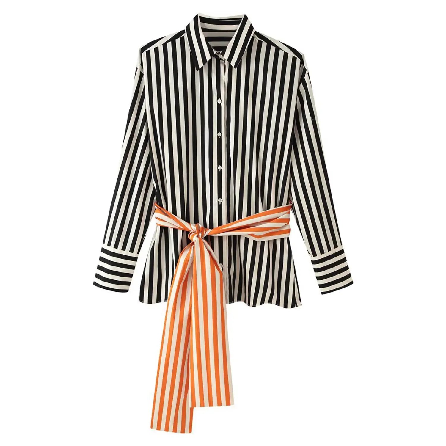 Flat lay front view women black white vertical stripe button down shirt with orange white striped tie sash waist belt, long sleeve collared top