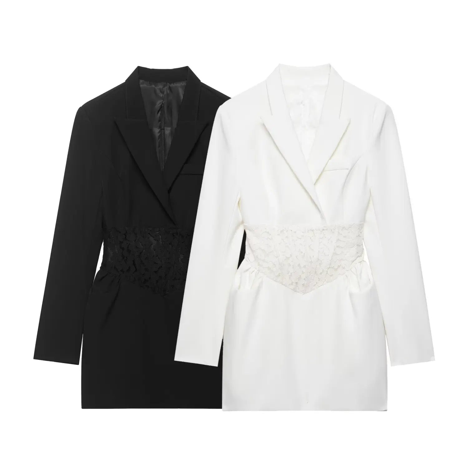 Flat view of two color blazer mini dress, black and white, lapel collar with lace corset waist detail