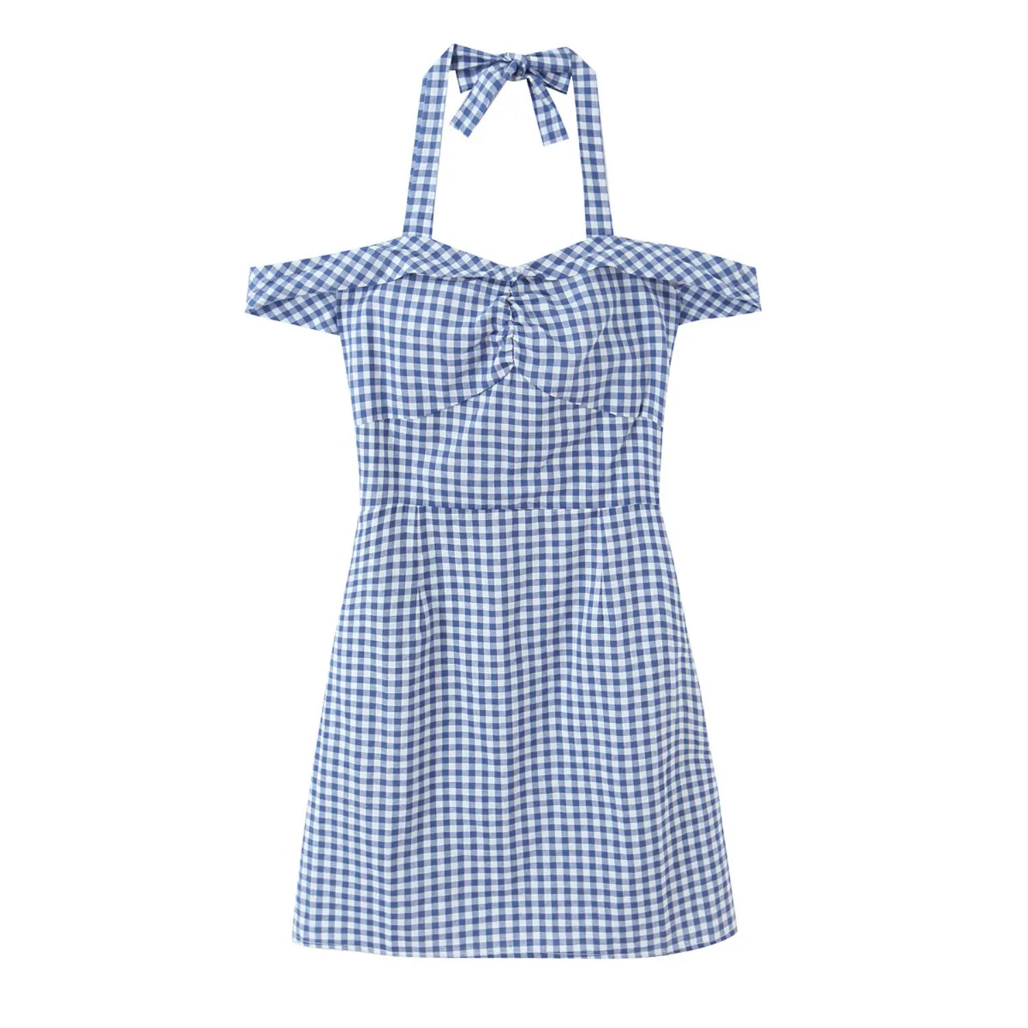 Blue gingham off shoulder mini dress wooden hanger front display shot, folded flutter sleeves bust gathering neck tie bow high waist short A-line skirt full fit overview
