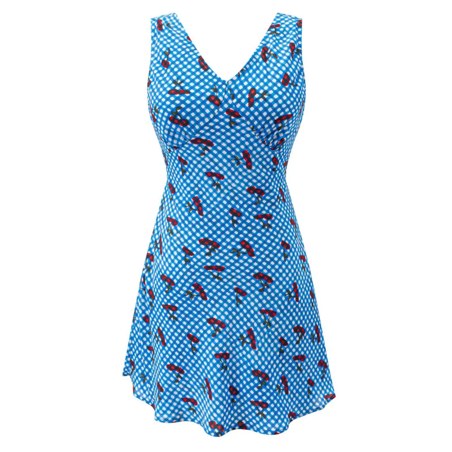Blue gingham cherry sleeveless mini dress white flat front shot, deep V wrap bust sleeveless cap shoulder waist drawstring A-line ruffle hem single dress hero image