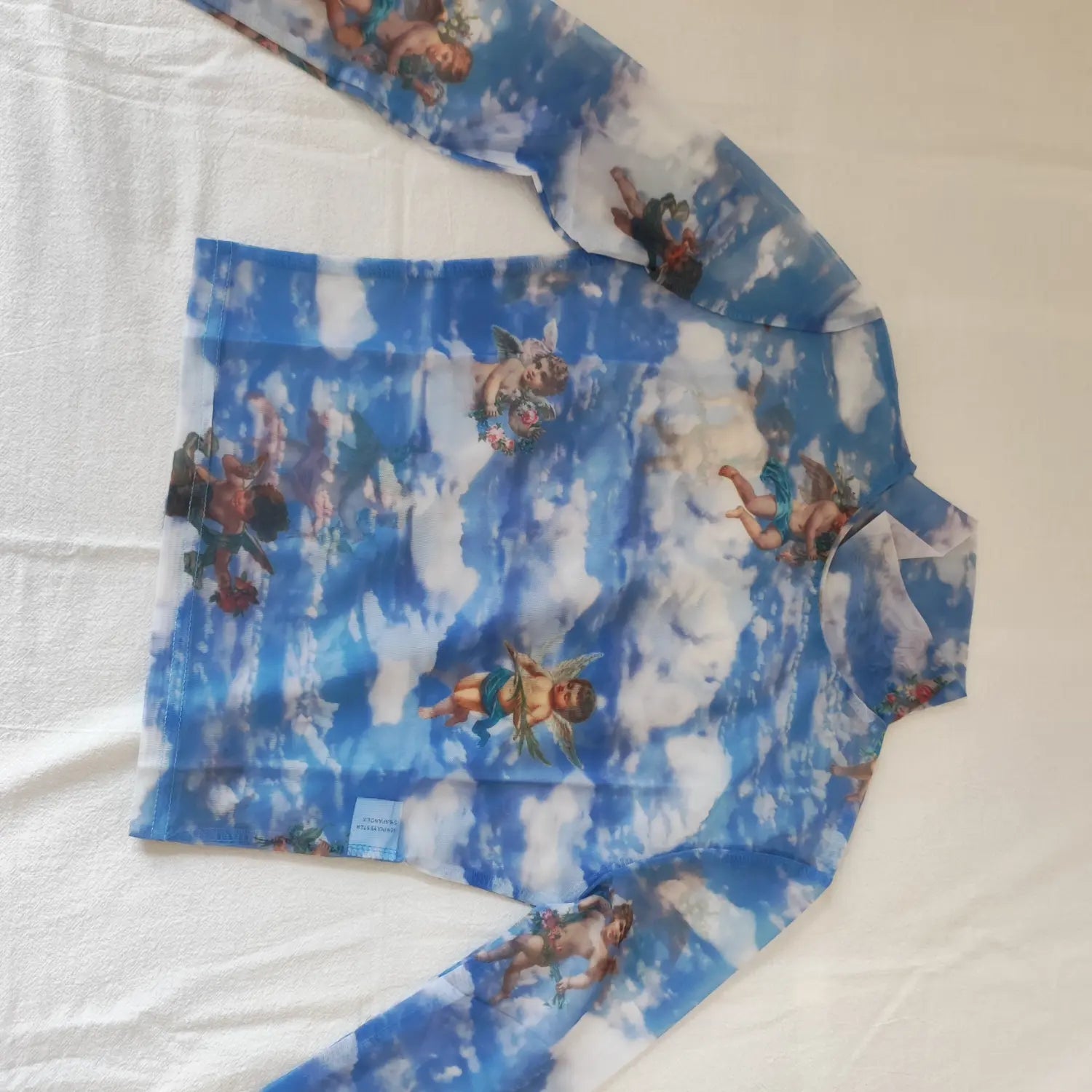 Flat lay front view blue sheer mesh high neck long sleeve top all‑over angel sky cloud print