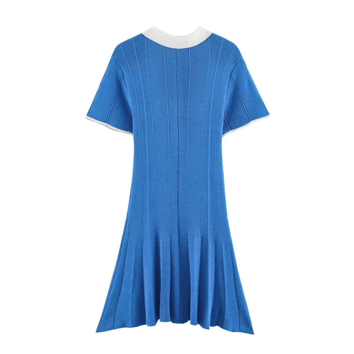 Back flat lay of blue contrast collar ribbed knit polo mini dress
