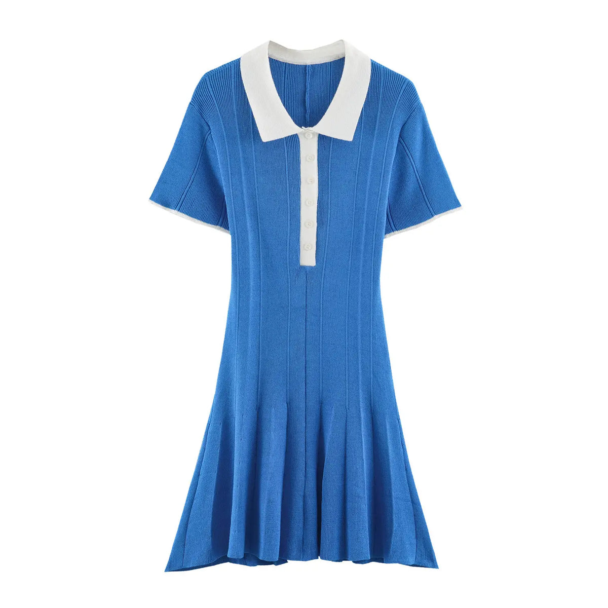 Front flat lay of blue contrast collar ribbed knit polo mini dress