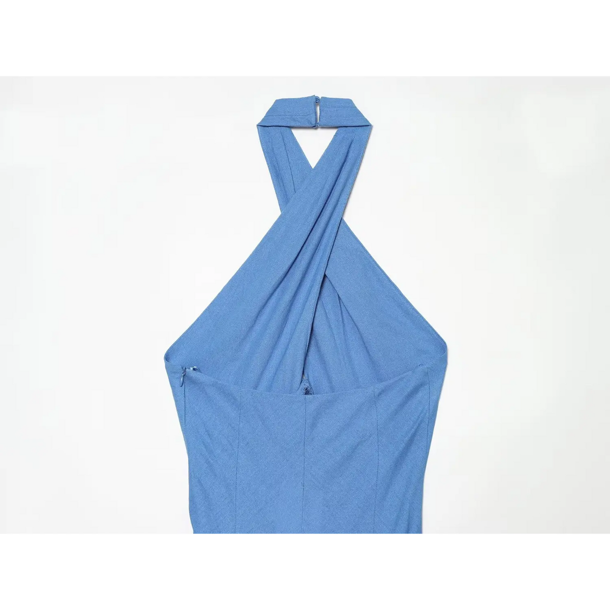 Close-up of blue back halter and side zip