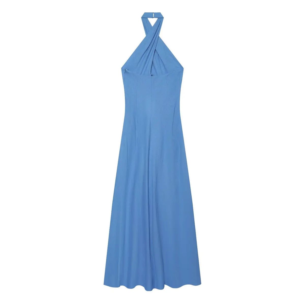 Back flat lay of blue cross halter maxi dress