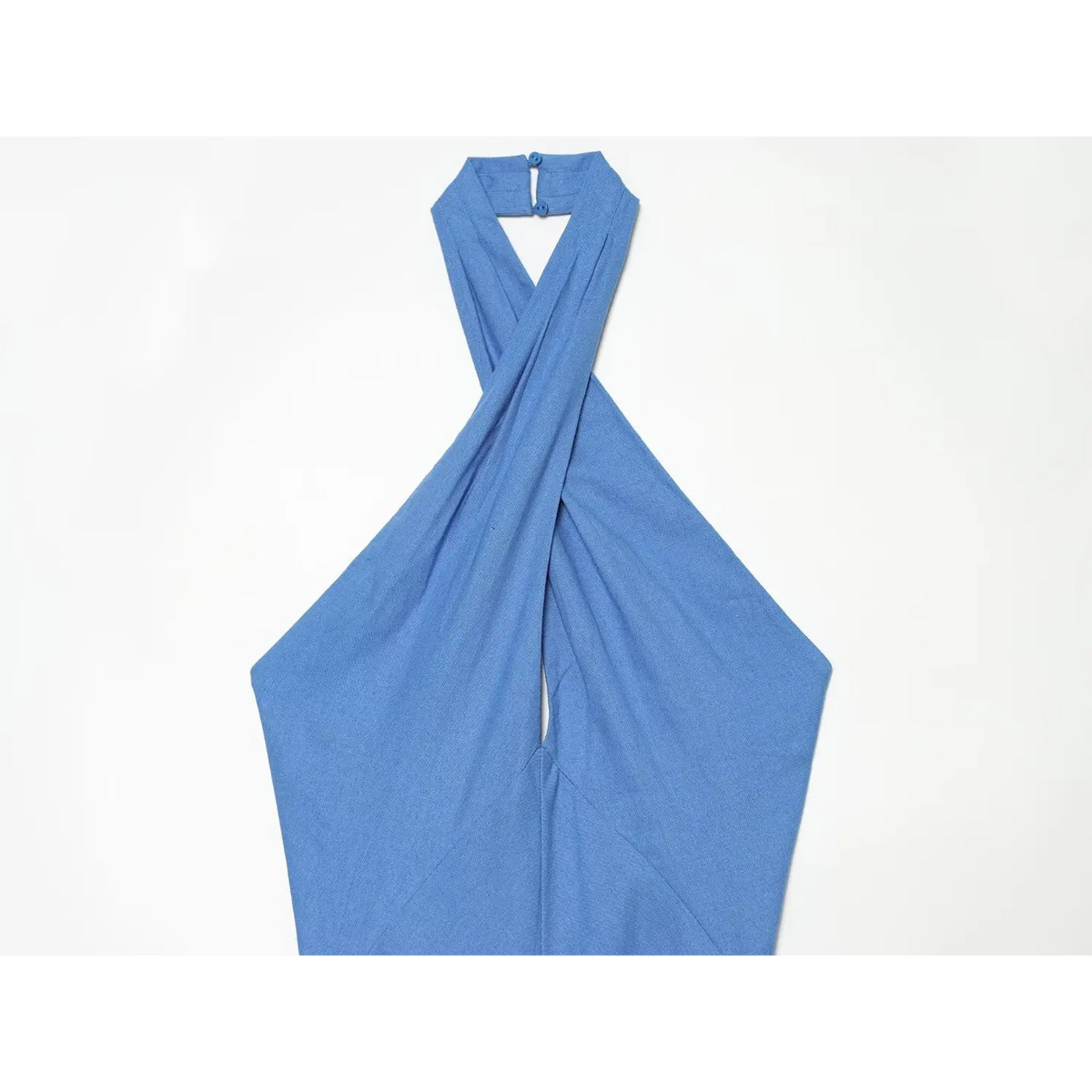Close-up of blue cross halter twist bust detail