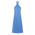 Front flat lay of blue cross halter twist A line maxi dress