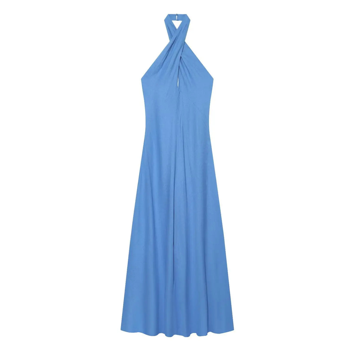 Front flat lay of blue cross halter twist A line maxi dress