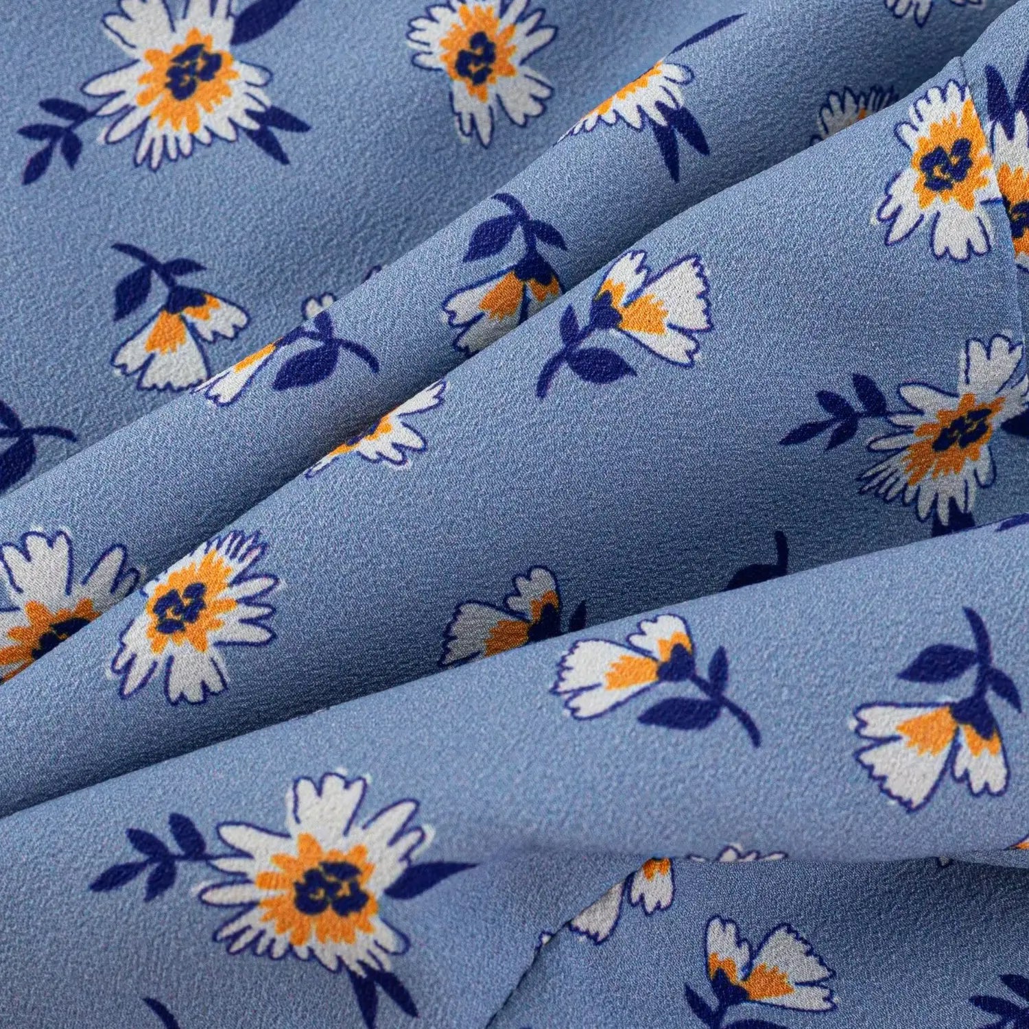 Haze blue daisy cami waist flat close-up, full elastic smocked stitching daisy printed chiffon woven fabric white background shot