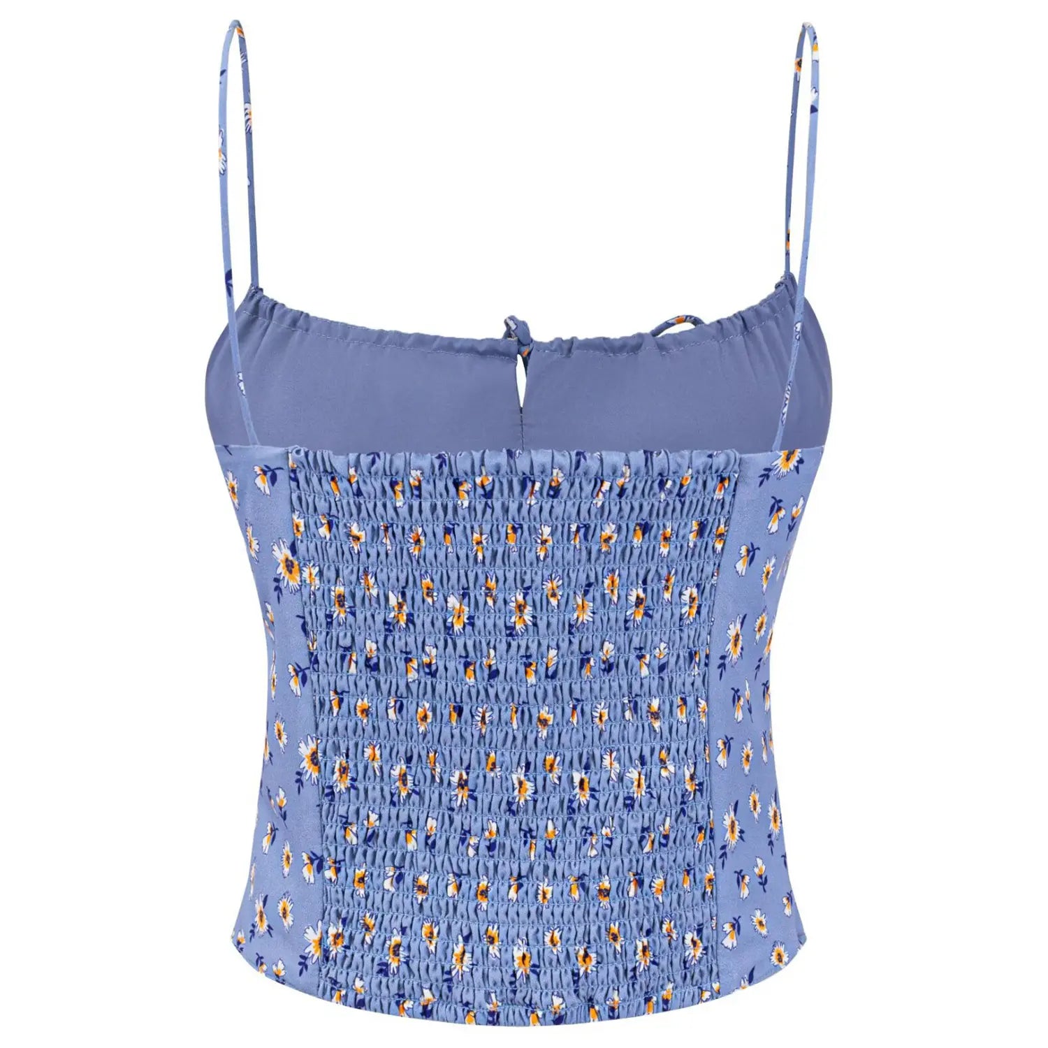 Blue daisy floral cami neck flat close-up, elastic ruched square neck thin printed straps front tie stitching fabric white background shot