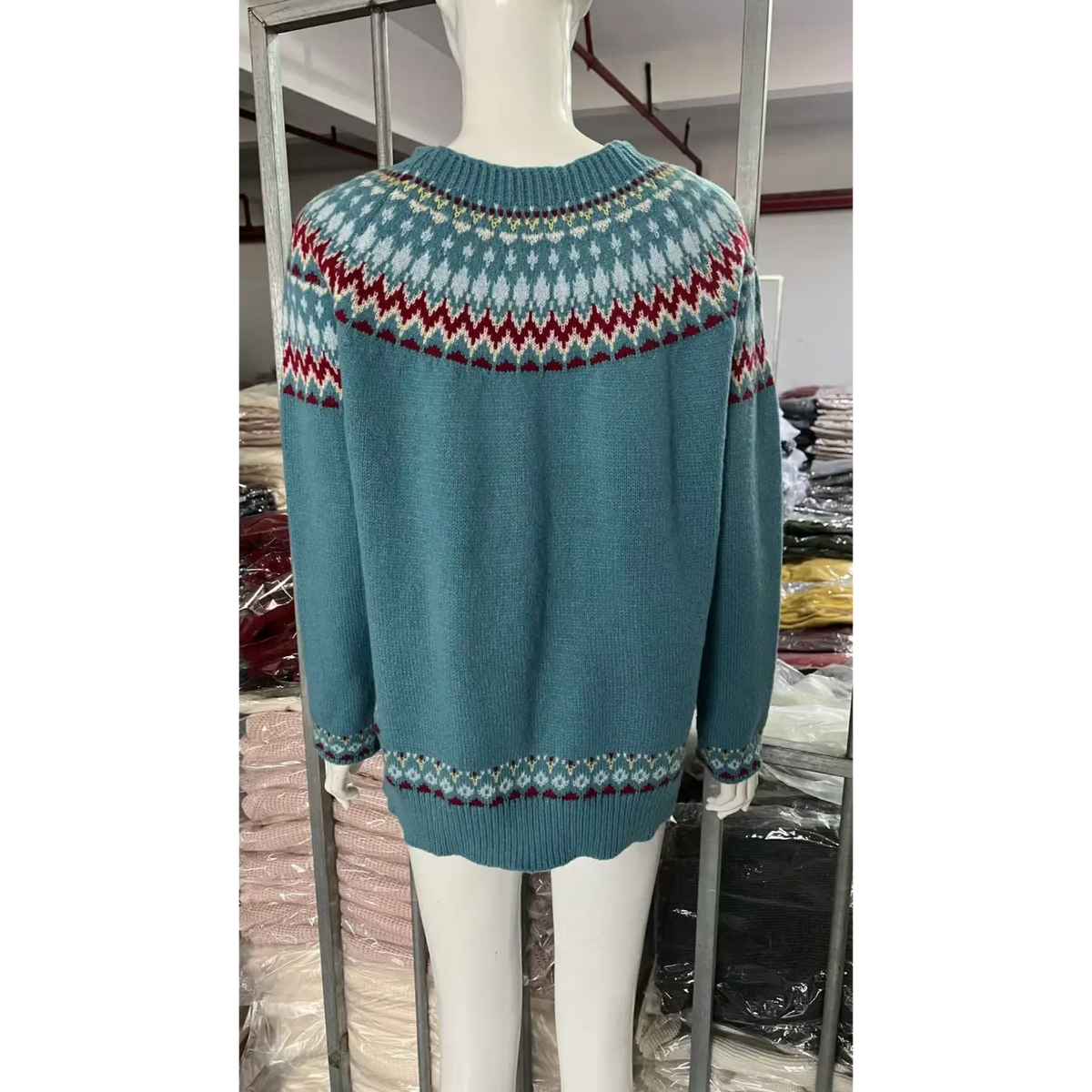 White mannequin back view blue fairisle jacquard sweater, yoke geometric zigzag knit pattern, long sleeve loose sweater
