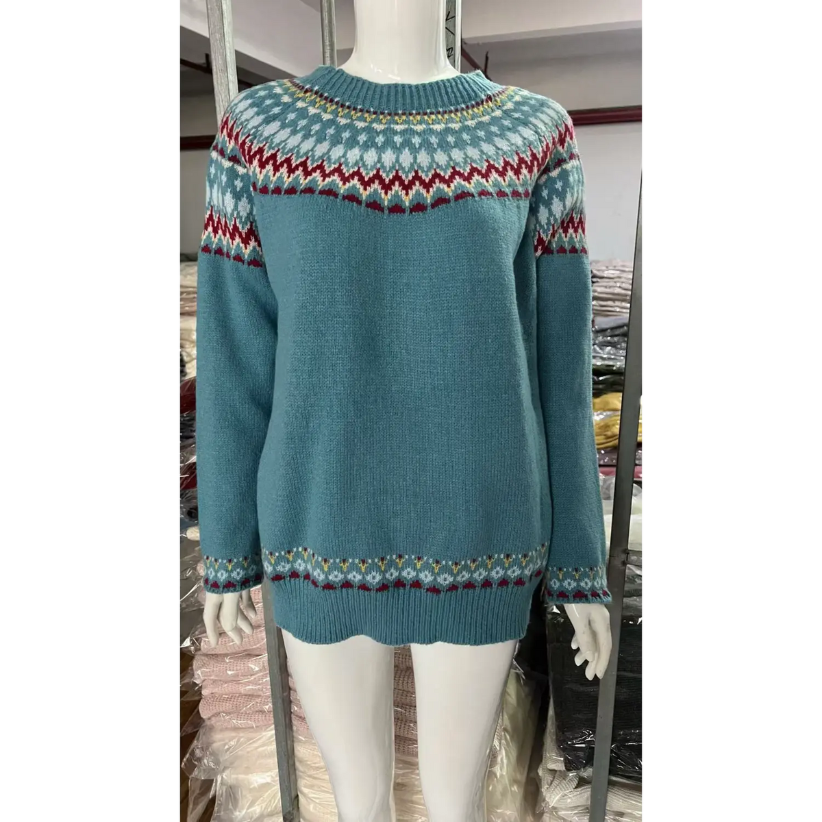White mannequin front display blue fairisle knit sweater, round neck yoke zigzag jacquard pattern, loose long sleeve pullover