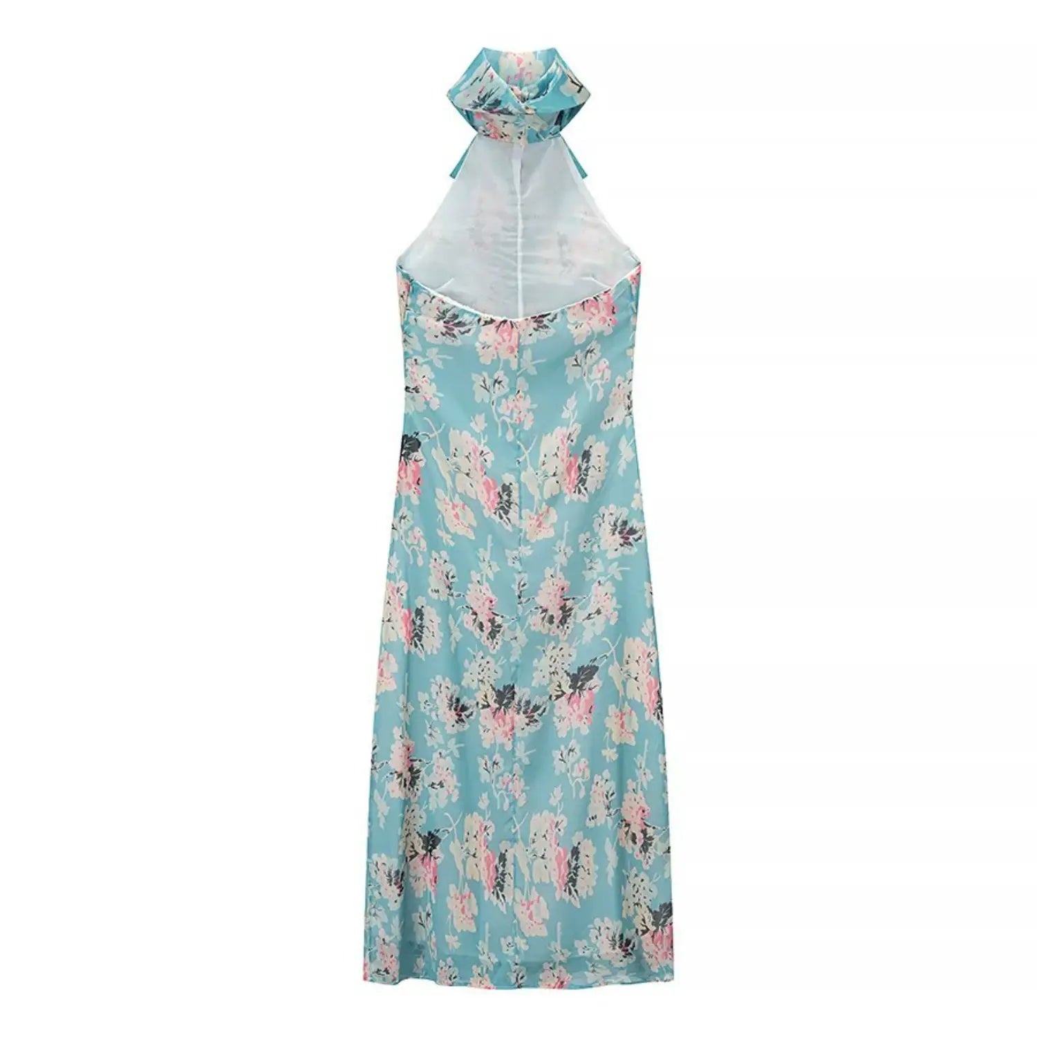 Flat‑lay back view of blue floral halter maxi dress, open halter back, inner lining, full‑length maxi silhouette