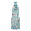 Flat‑lay front view of blue floral halter maxi dress, ruffled halter neck, sheer crinkle chiffon fabric, pink and white flower print