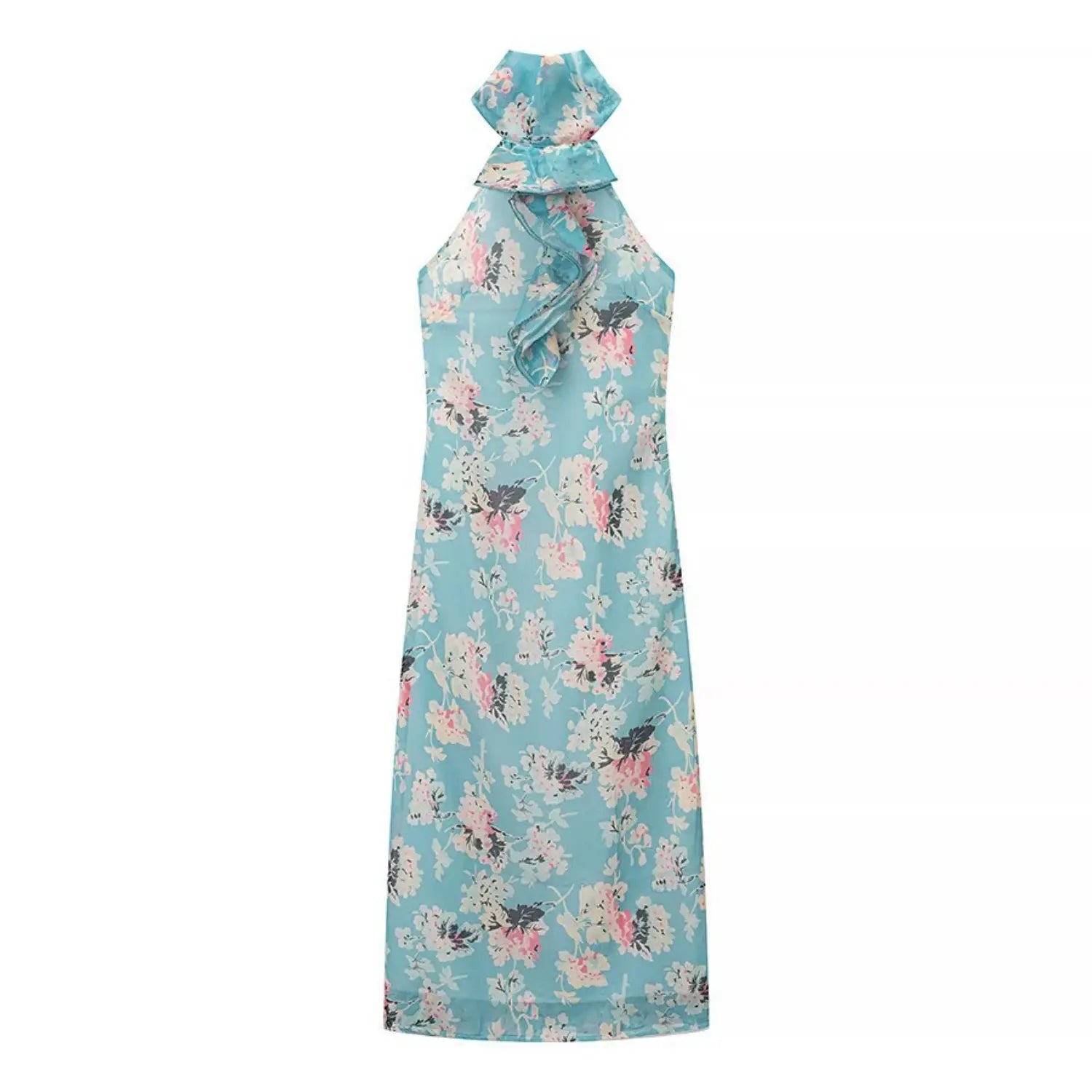 Flat‑lay front view of blue floral halter maxi dress, ruffled halter neck, sheer crinkle chiffon fabric, pink and white flower print