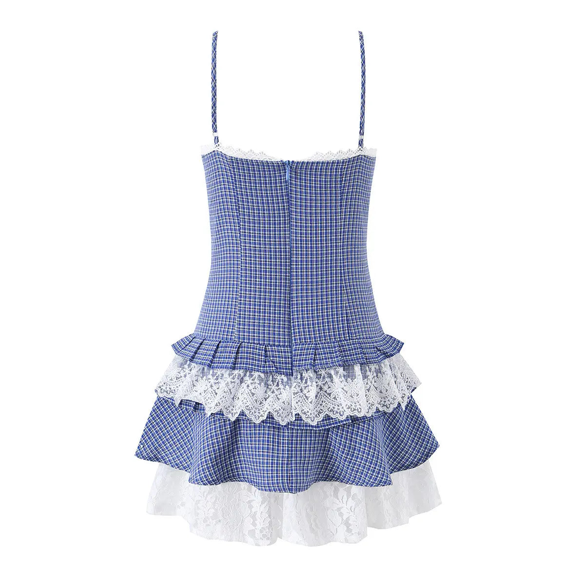 Blue gingham cami tiered mini dress with lace trim, full back view on white background
